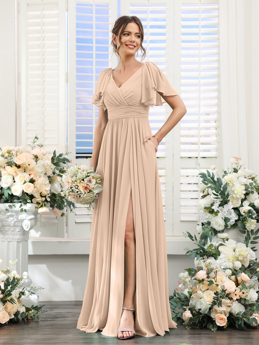 Vestidos de Dama de Honra Evasê com Decote Em V e Mangas Curtas Em Chiffon Dividido com Bolsos