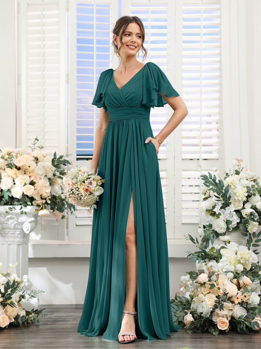 Vestidos de Dama de Honra Evasê com Decote Em V e Mangas Curtas Em Chiffon Dividido com Bolsos