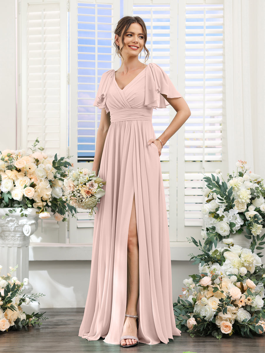 Vestidos de Dama de Honra Evasê com Decote Em V e Mangas Curtas Em Chiffon Dividido com Bolsos