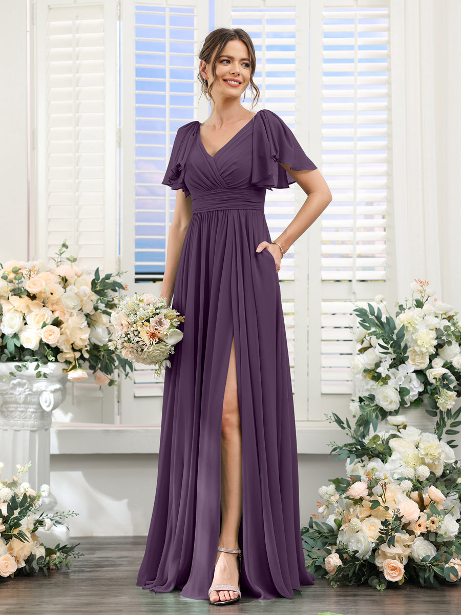 Vestidos de Dama de Honra Evasê com Decote Em V e Mangas Curtas Em Chiffon Dividido com Bolsos