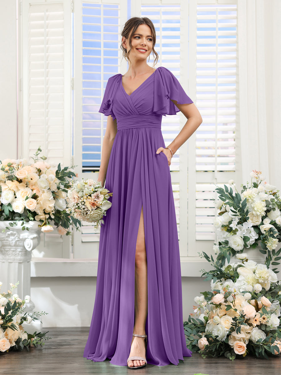 Vestidos de Dama de Honra Evasê com Decote Em V e Mangas Curtas Em Chiffon Dividido com Bolsos