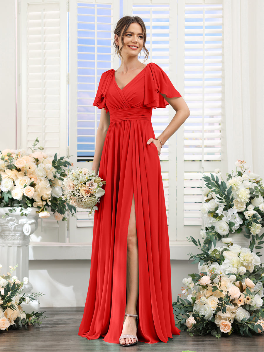 Vestidos de Dama de Honra Evasê com Decote Em V e Mangas Curtas Em Chiffon Dividido com Bolsos