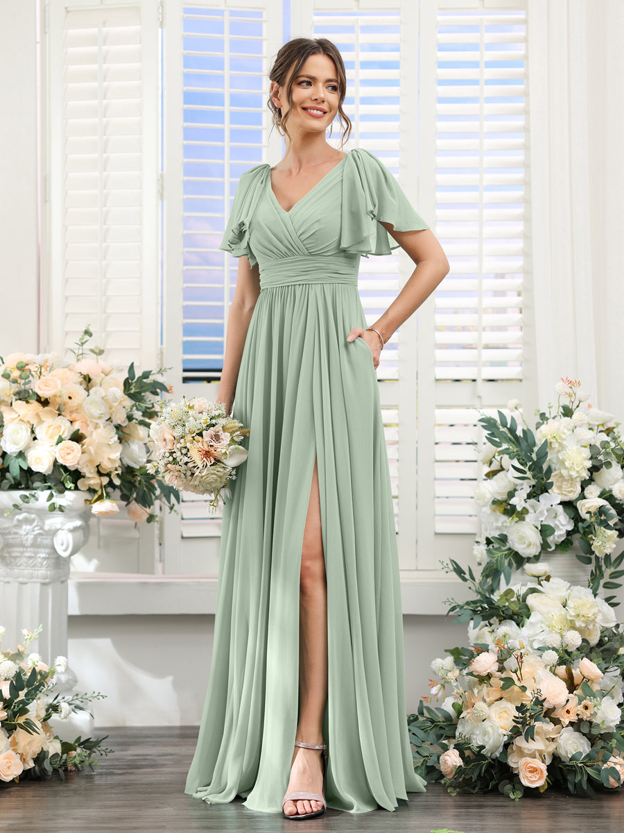Vestidos de Dama de Honra Evasê com Decote Em V e Mangas Curtas Em Chiffon Dividido com Bolsos