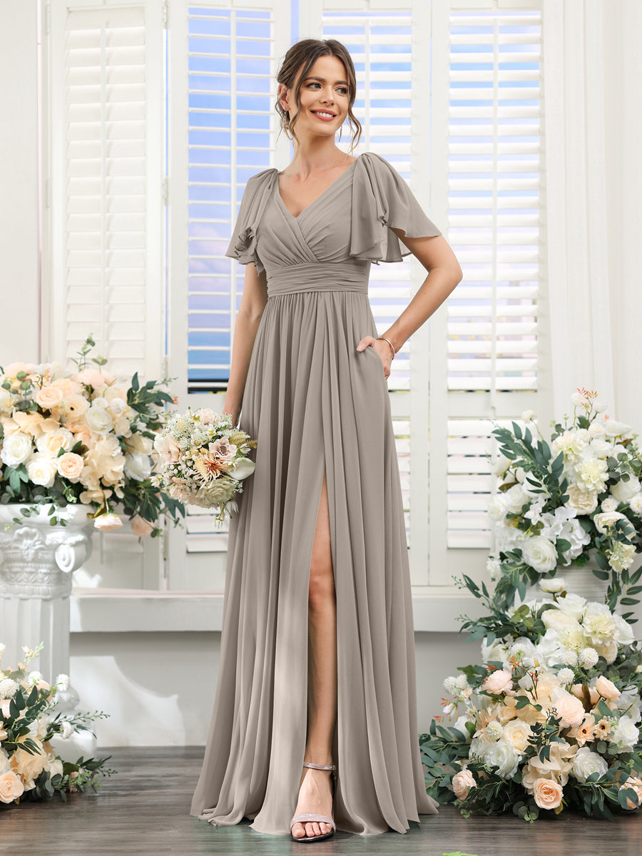 Vestidos de Dama de Honra Evasê com Decote Em V e Mangas Curtas Em Chiffon Dividido com Bolsos