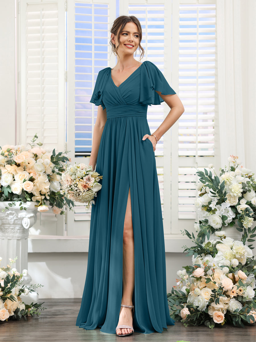 Vestidos de Dama de Honra Evasê com Decote Em V e Mangas Curtas Em Chiffon Dividido com Bolsos