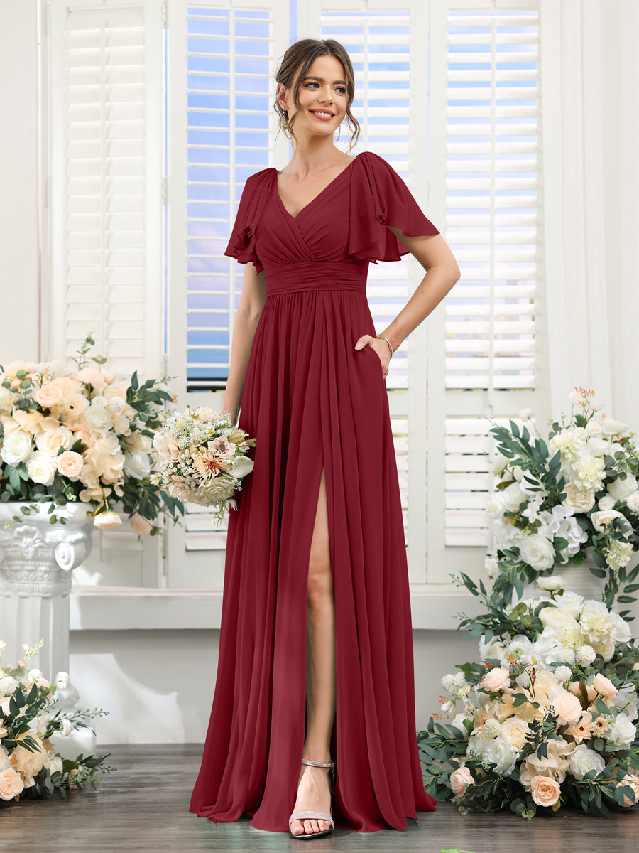 Vestidos de Dama de Honra Evasê com Decote Em V e Mangas Curtas Em Chiffon Dividido com Bolsos