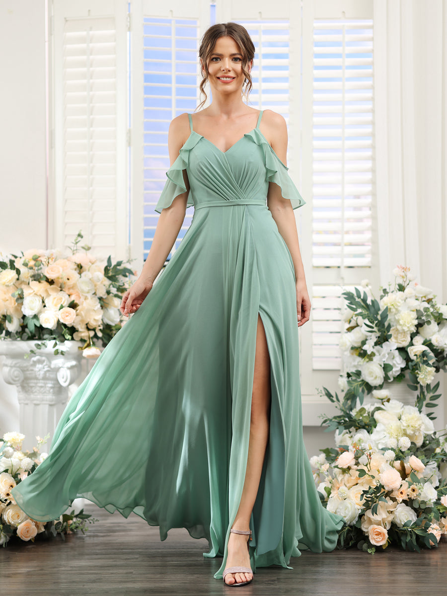 Vestidos de Dama de Honra Em Chiffon Linha A com Alças Finas e Mangas Curtas Divididas
