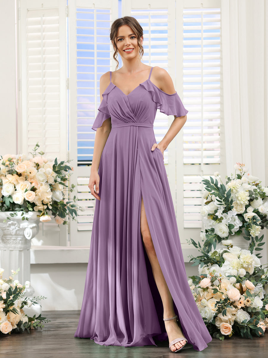 Vestidos de Dama de Honra Em Chiffon Linha A com Alças Finas e Mangas Curtas Divididas