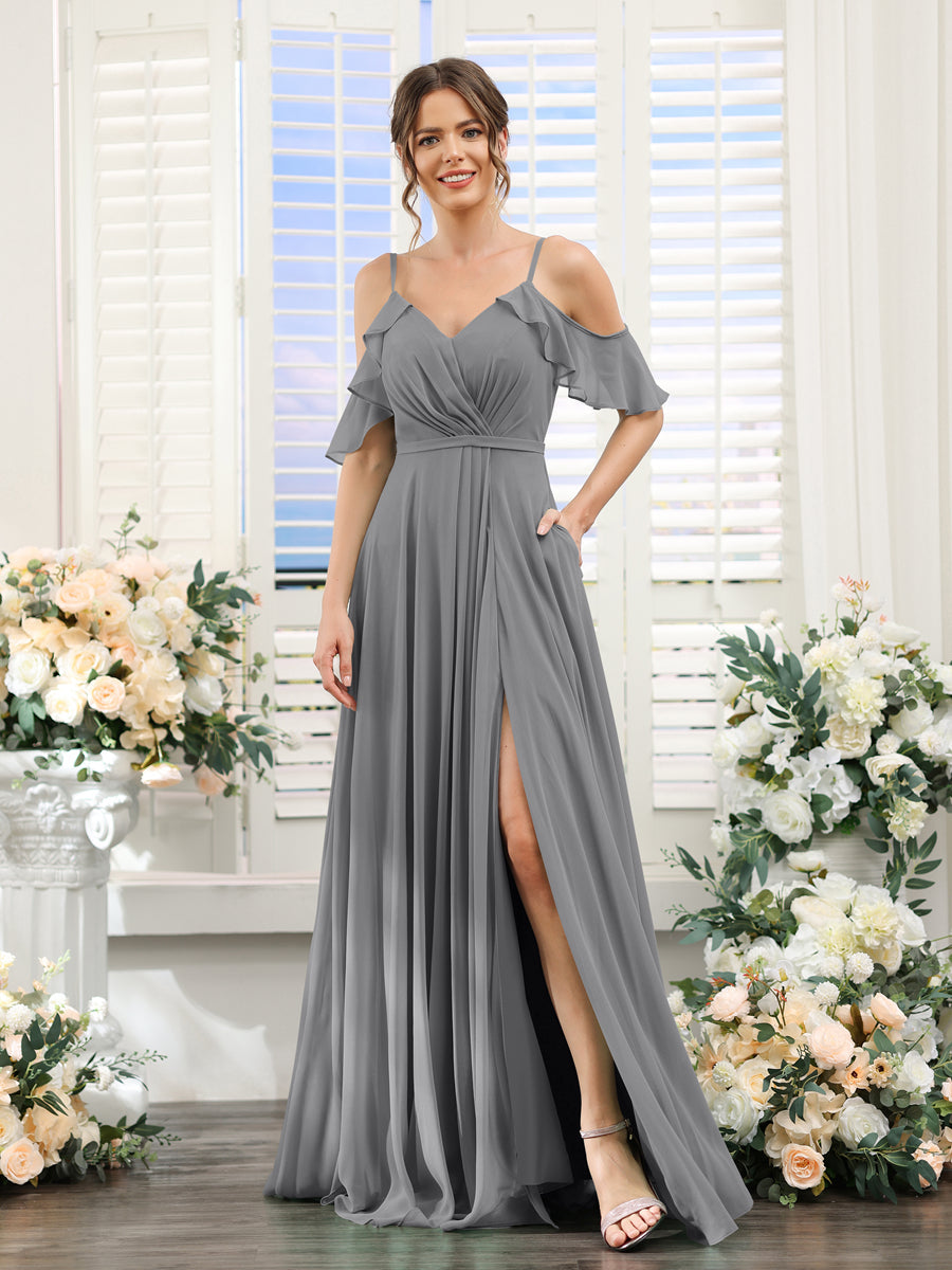 Vestidos de Dama de Honra Em Chiffon Linha A com Alças Finas e Mangas Curtas Divididas