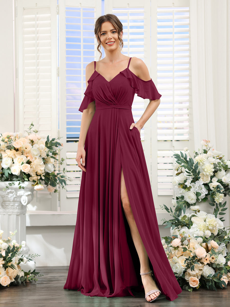 Vestidos de Dama de Honra Em Chiffon Linha A com Alças Finas e Mangas Curtas Divididas