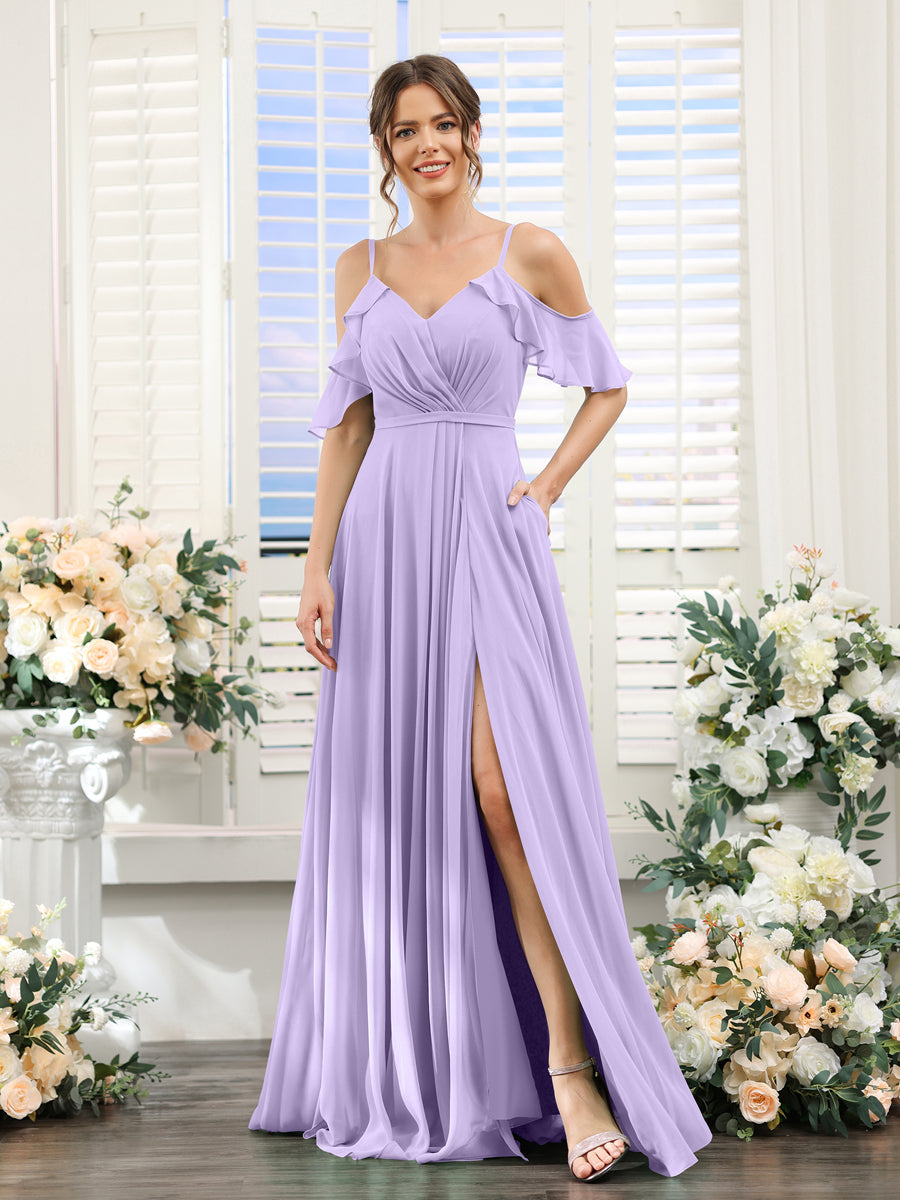 Vestidos de Dama de Honra Em Chiffon Linha A com Alças Finas e Mangas Curtas Divididas