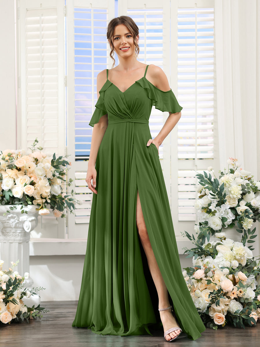 Vestidos de Dama de Honra Em Chiffon Linha A com Alças Finas e Mangas Curtas Divididas