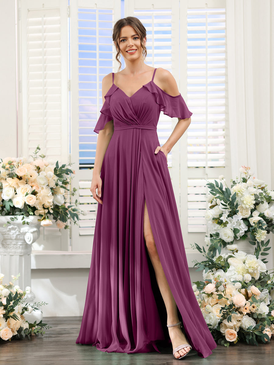 Vestidos de Dama de Honra Em Chiffon Linha A com Alças Finas e Mangas Curtas Divididas