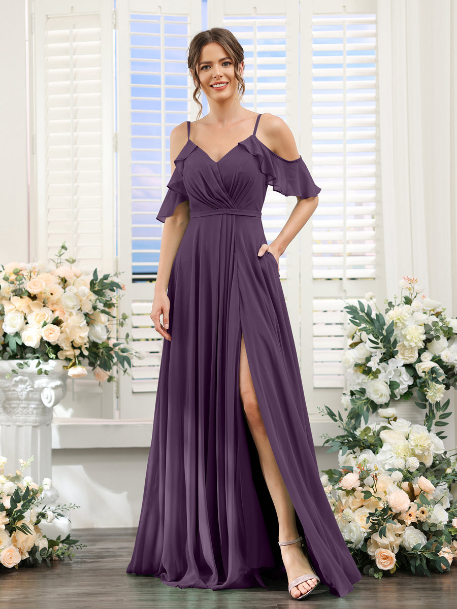 Vestidos de Dama de Honra Em Chiffon Linha A com Alças Finas e Mangas Curtas Divididas