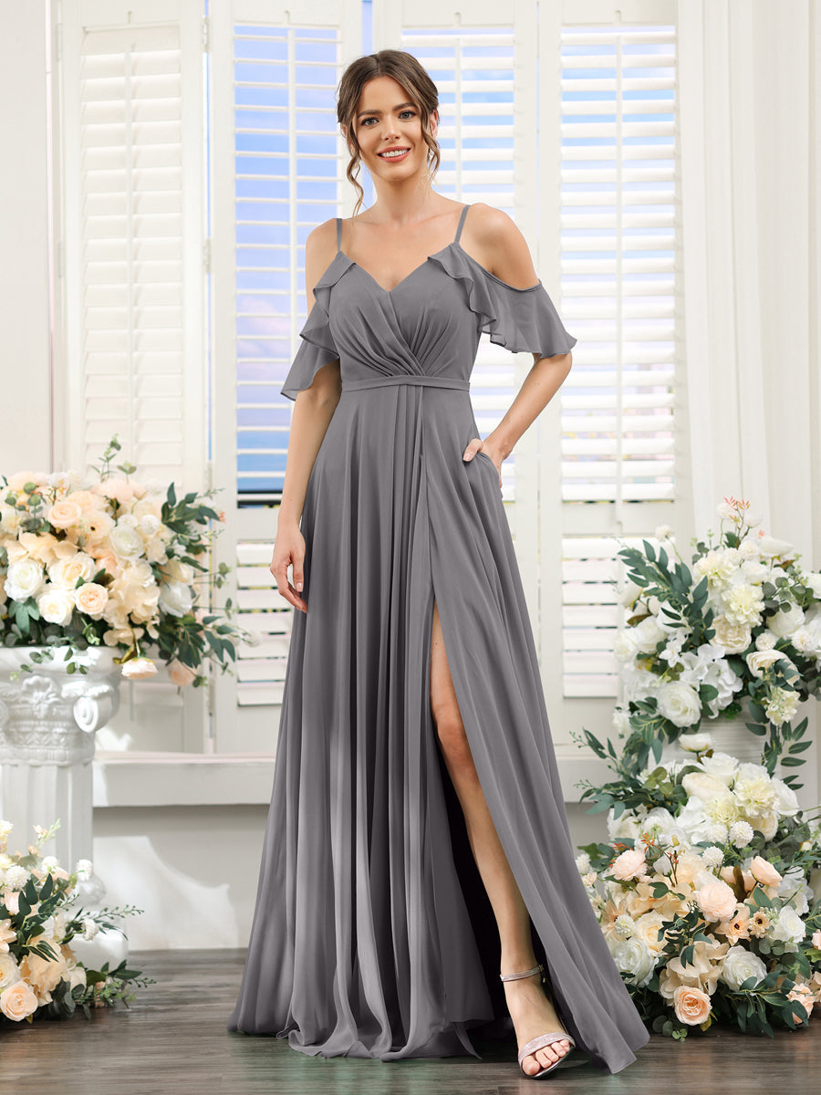 Vestidos de Dama de Honra Em Chiffon Linha A com Alças Finas e Mangas Curtas Divididas