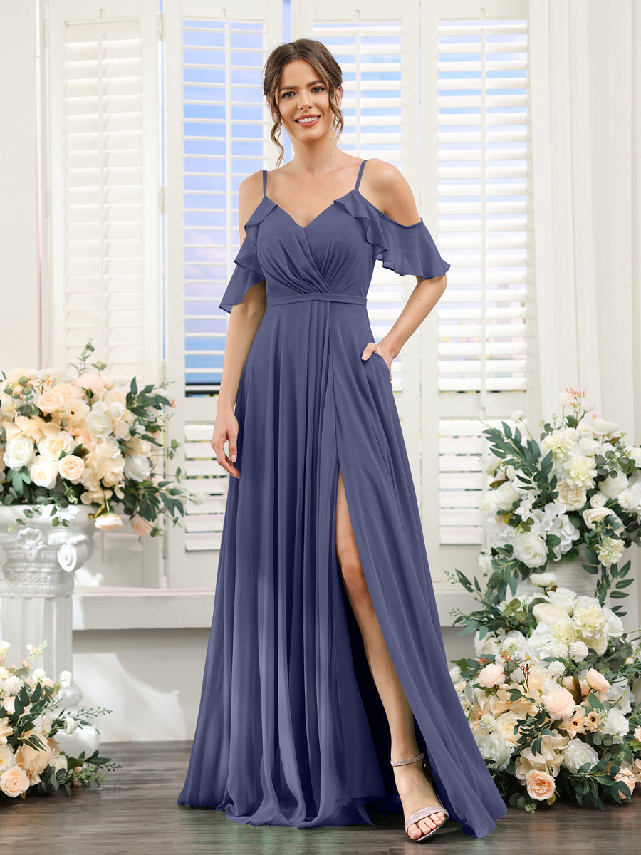 Vestidos de Dama de Honra Em Chiffon Linha A com Alças Finas e Mangas Curtas Divididas