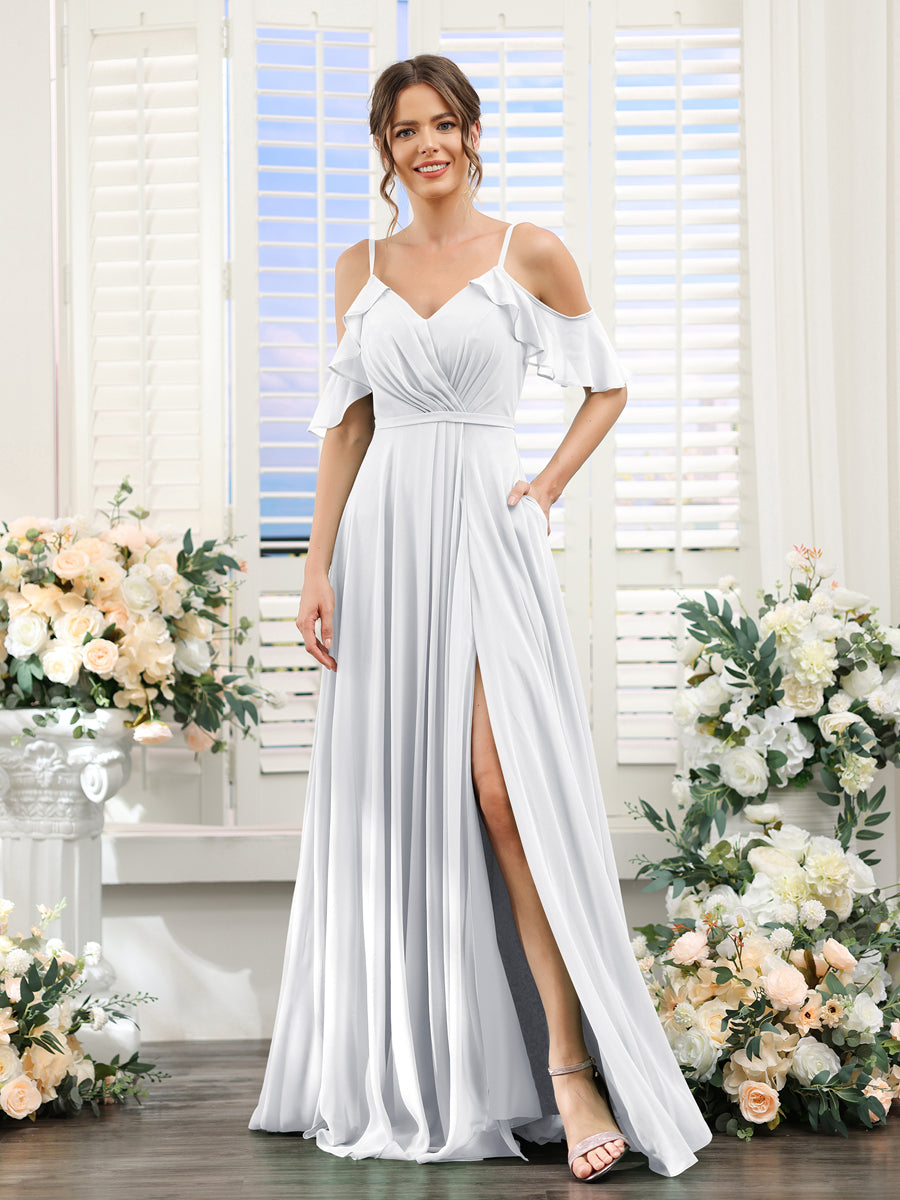 Vestidos de Dama de Honra Em Chiffon Linha A com Alças Finas e Mangas Curtas Divididas