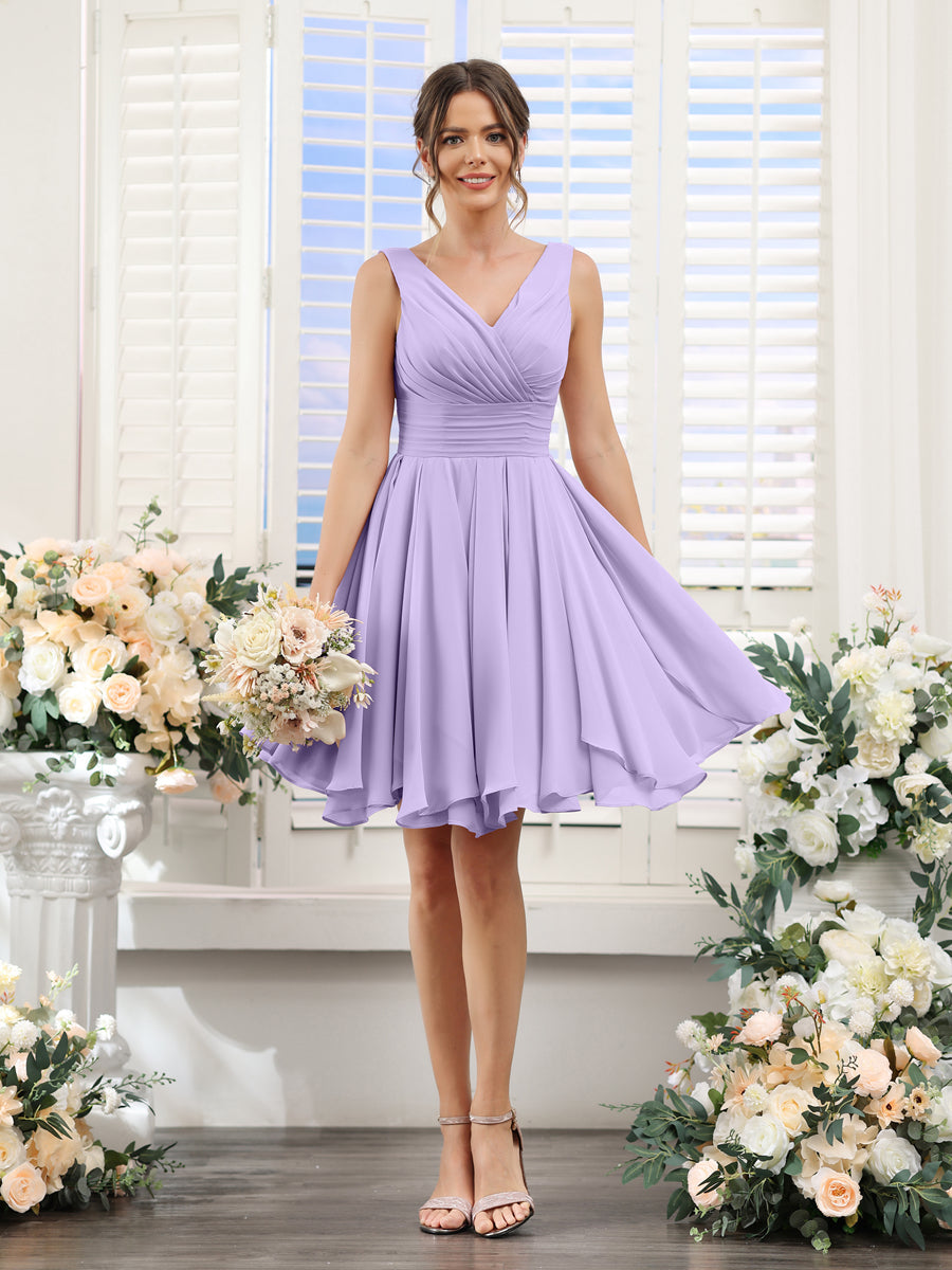 Vestidos Curtos de Dama de Honra com Decote Em V Sem Mangas Franzidos Em Chiffon