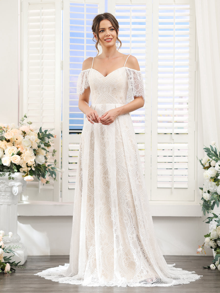 A-Line Alças Finas Mangas Curtas Vestidos de Noiva de Renda Longa