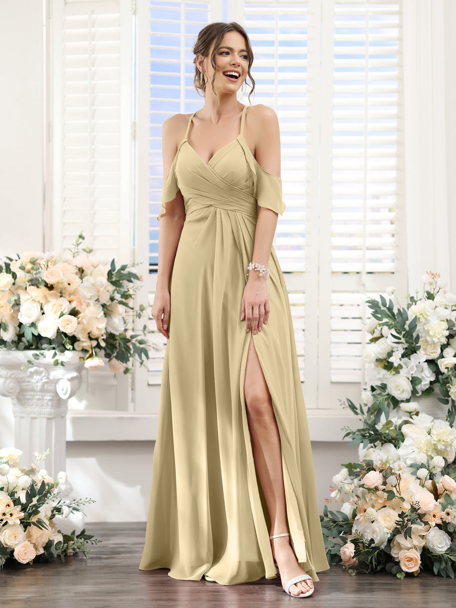 Vestidos de Dama de Honra Em Chiffon Linha A com Alças Finas e Divisão Lateral Até O Chão