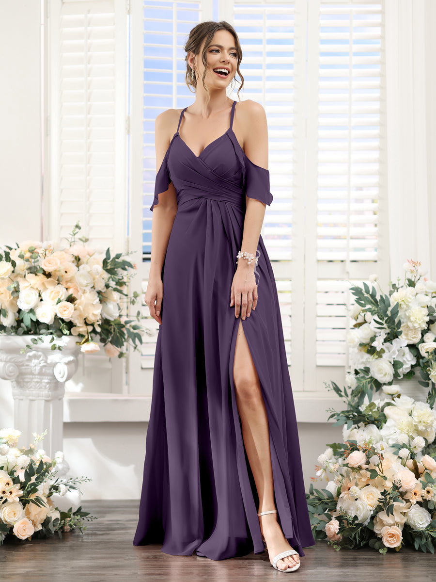 Vestidos de Dama de Honra Em Chiffon Linha A com Alças Finas e Divisão Lateral Até O Chão