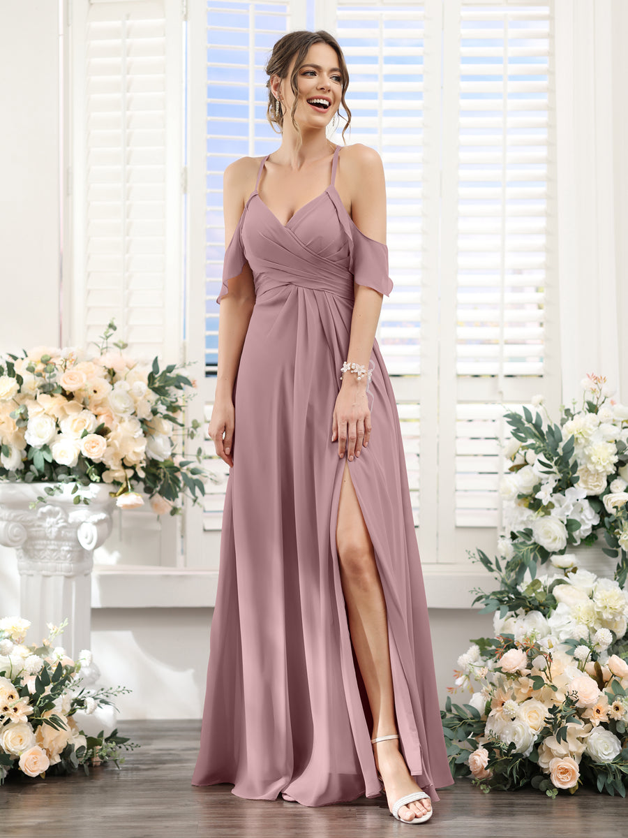 Vestidos de Dama de Honra Em Chiffon Linha A com Alças Finas e Divisão Lateral Até O Chão