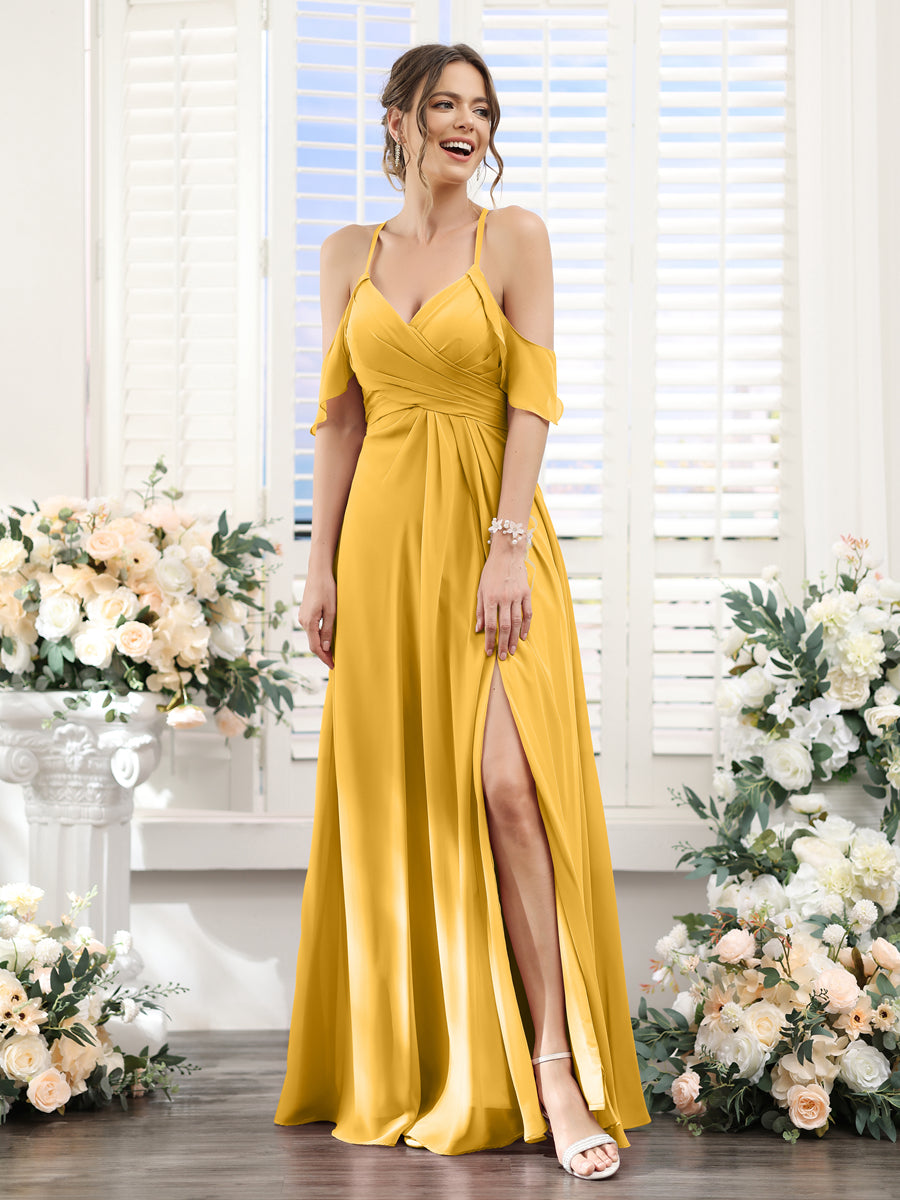 Vestidos de Dama de Honra Em Chiffon Linha A com Alças Finas e Divisão Lateral Até O Chão