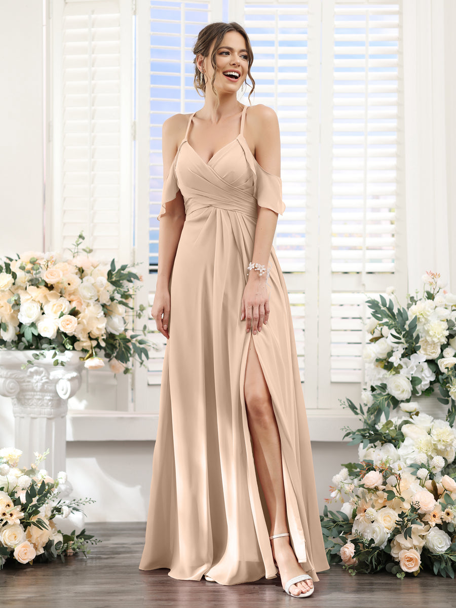 Vestidos de Dama de Honra Em Chiffon Linha A com Alças Finas e Divisão Lateral Até O Chão