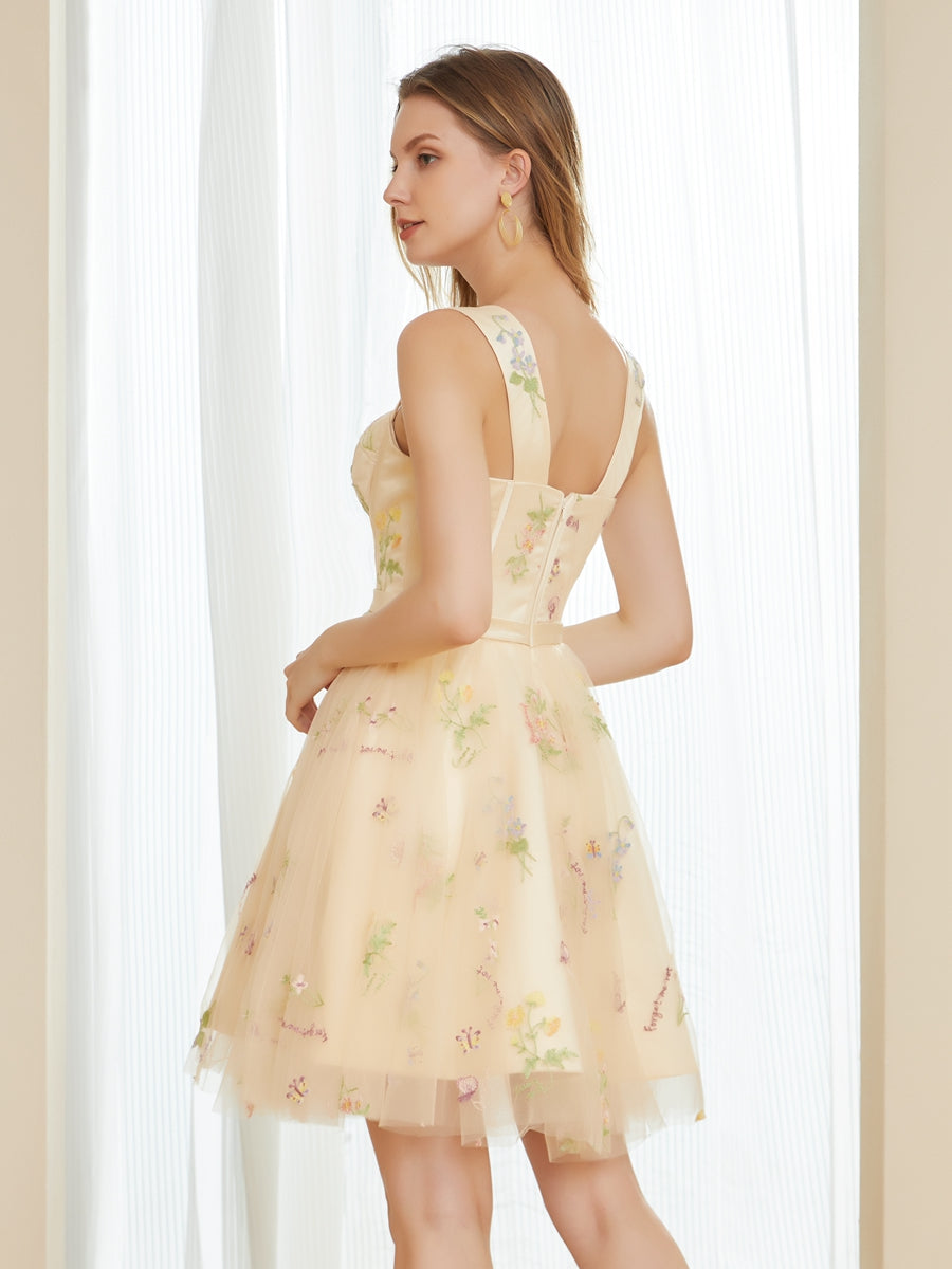Vestidos Curtos de Baile com Bordado de Tule Retrô Linha A com Alças
