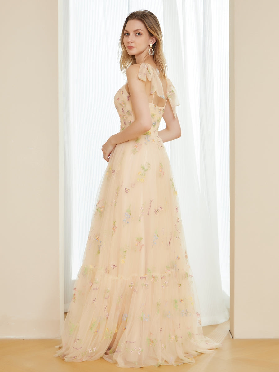 Vestidos de Baile Longos Bordados de Tule Retrô Linha A com Alças Finas