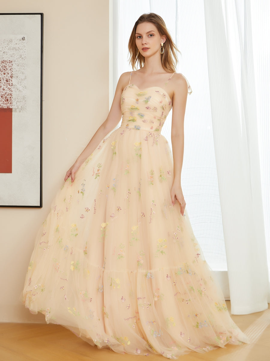Vestidos de Baile Longos Bordados de Tule Retrô Linha A com Alças Finas