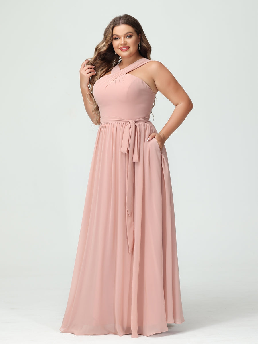 Vestidos de Dama de Honra Em Chiffon Sem Mangas A-Line / Princess Criss Cross com Faixa
