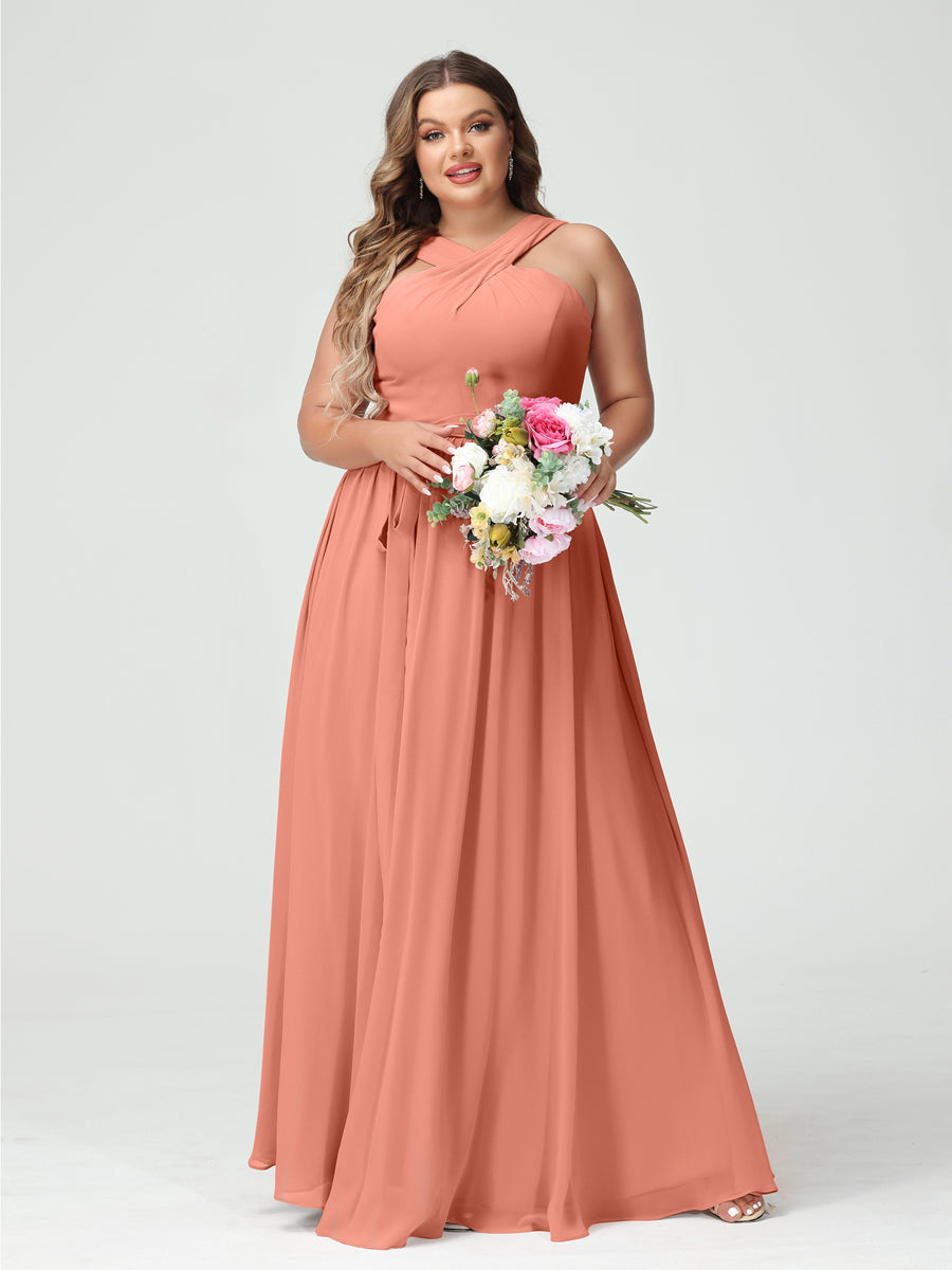 Vestidos de Dama de Honra Em Chiffon Sem Mangas A-Line / Princess Criss Cross com Faixa