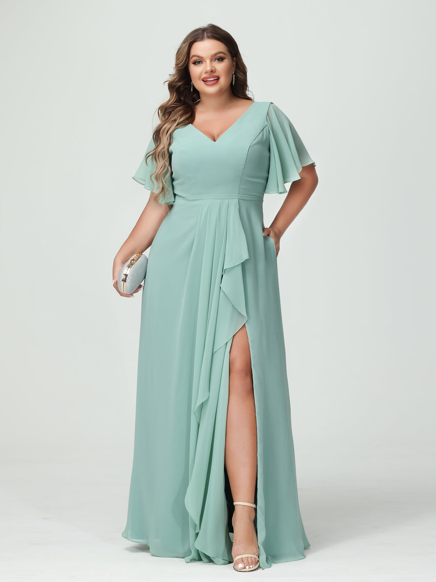 Vestidos de Dama de Honra Tamanho Grande Linha A/Princesa Decote Em V Meia Manga Chiffon Babados com Divisão Lateral