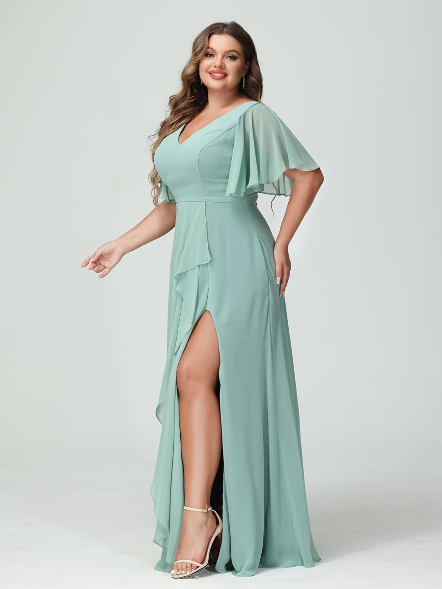 Vestidos de Dama de Honra Tamanho Grande Linha A/Princesa Decote Em V Meia Manga Chiffon Babados com Divisão Lateral