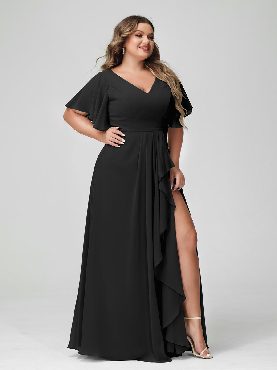 Vestidos de Dama de Honra Tamanho Grande Linha A/Princesa Decote Em V Meia Manga Chiffon Babados com Divisão Lateral