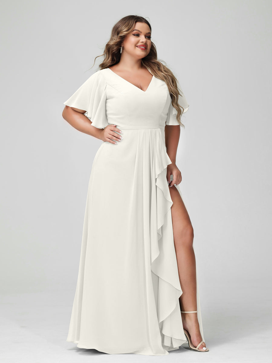 Vestidos de Dama de Honra Tamanho Grande Linha A/Princesa Decote Em V Meia Manga Chiffon Babados com Divisão Lateral