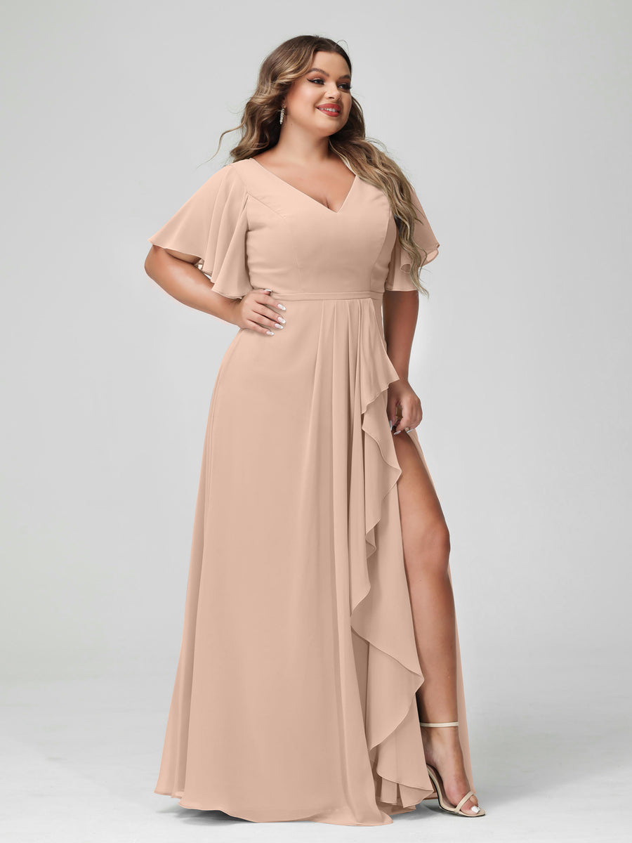 Vestidos de Dama de Honra Tamanho Grande Linha A/Princesa Decote Em V Meia Manga Chiffon Babados com Divisão Lateral