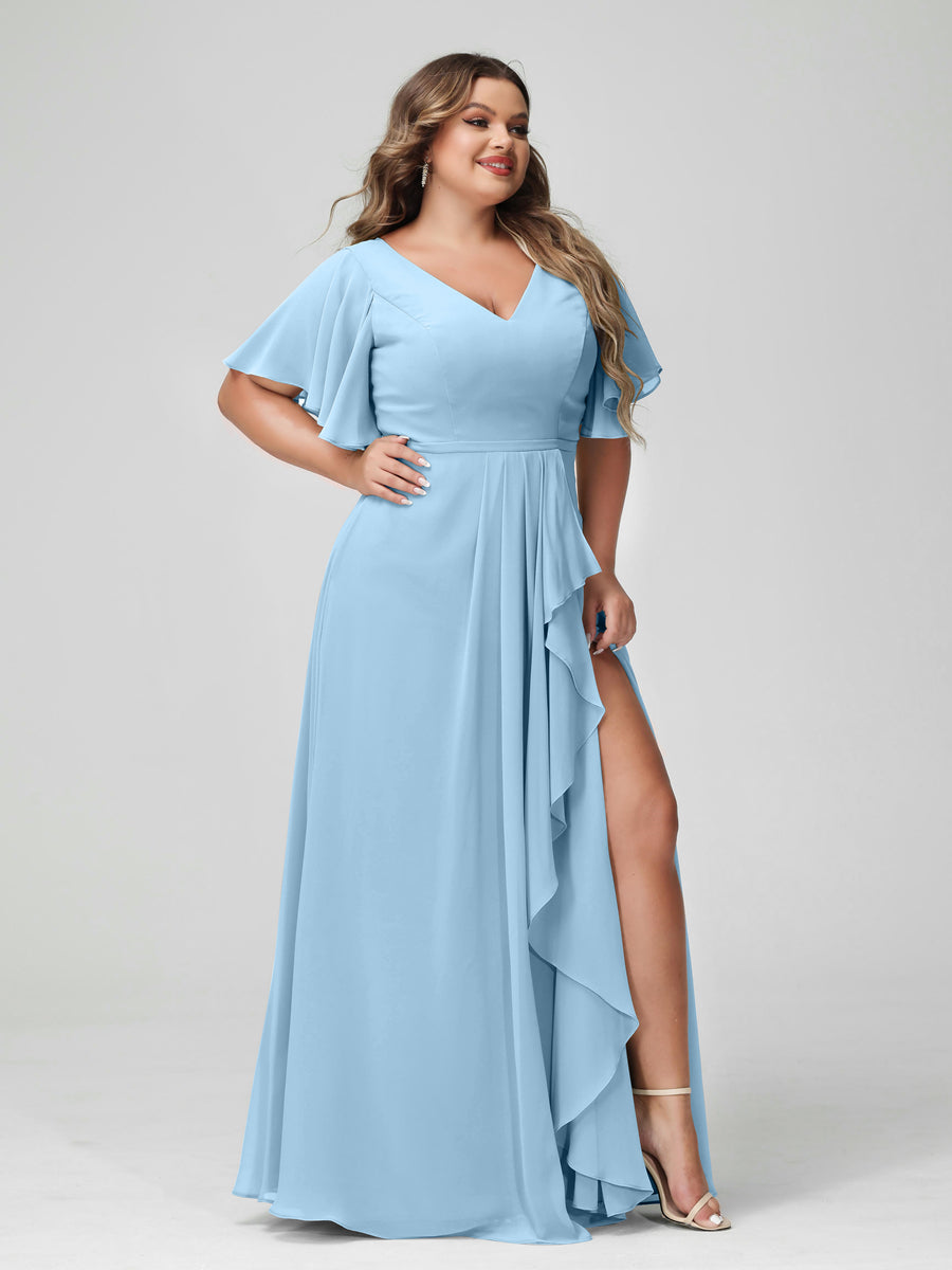 Vestidos de Dama de Honra Tamanho Grande Linha A/Princesa Decote Em V Meia Manga Chiffon Babados com Divisão Lateral