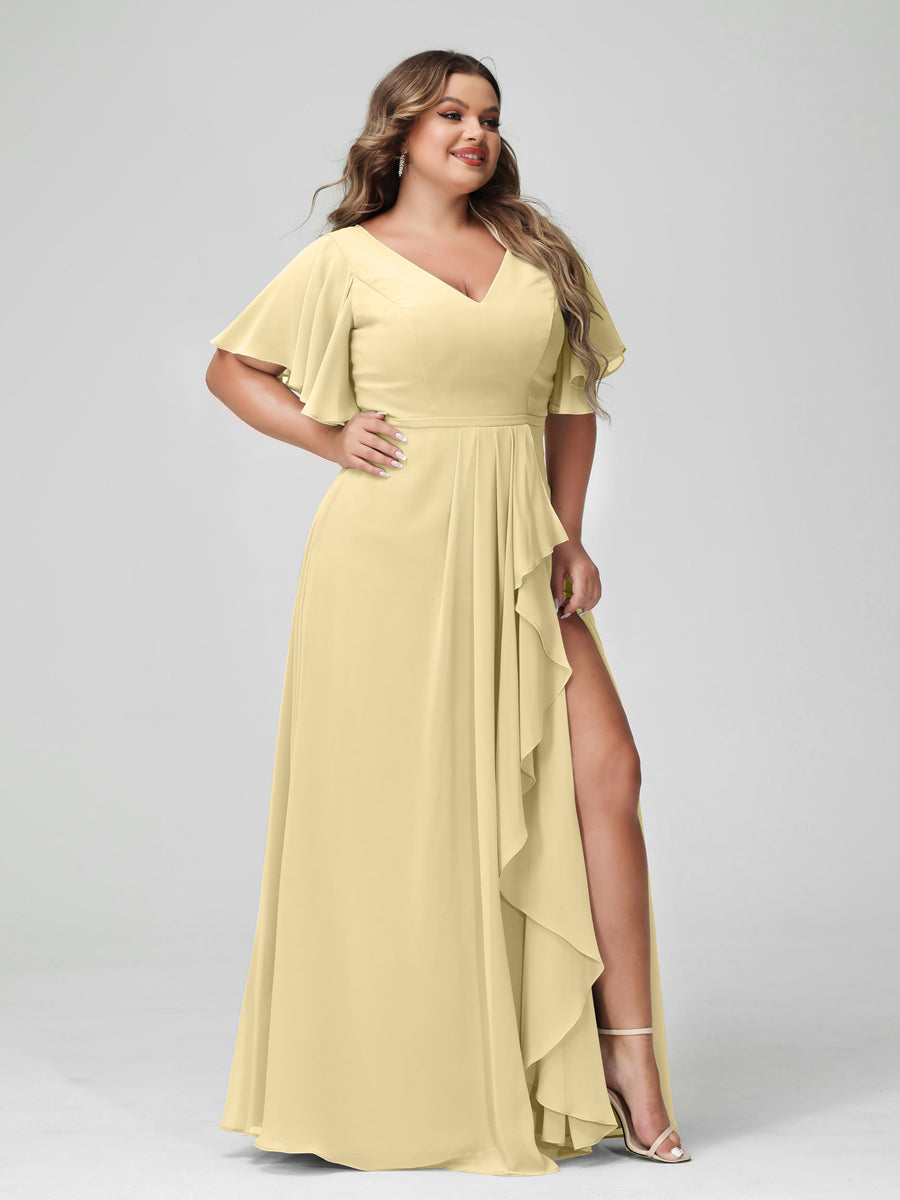 Vestidos de Dama de Honra Tamanho Grande Linha A/Princesa Decote Em V Meia Manga Chiffon Babados com Divisão Lateral