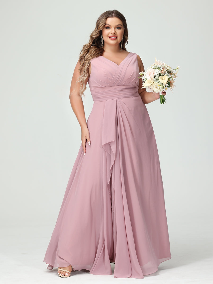 Vestidos Princesa/ Formato A com Decote Em V Sem Mangas Em Chiffon Babados Vestidos de Dama de Honra com Bolsos