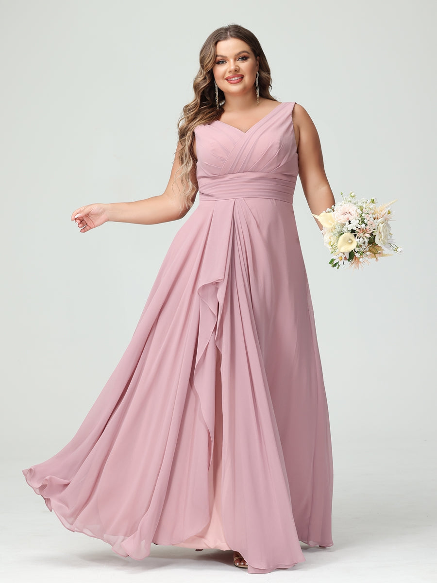 Vestidos Princesa/ Formato A com Decote Em V Sem Mangas Em Chiffon Babados Vestidos de Dama de Honra com Bolsos