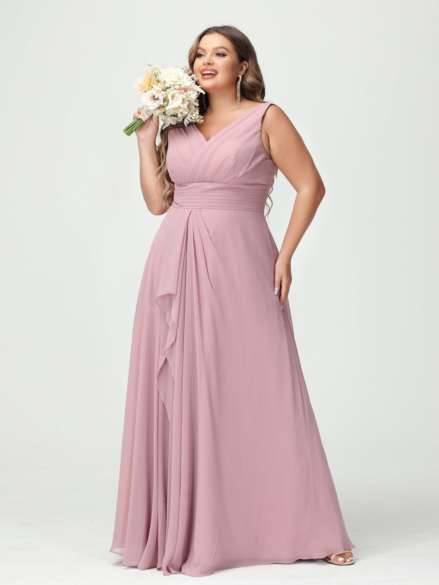 Vestidos Princesa/ Formato A com Decote Em V Sem Mangas Em Chiffon Babados Vestidos de Dama de Honra com Bolsos