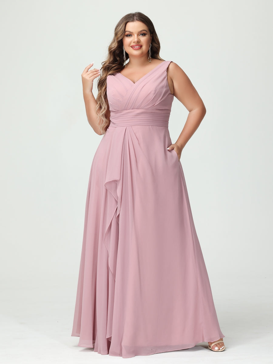 Vestidos Princesa/ Formato A com Decote Em V Sem Mangas Em Chiffon Babados Vestidos de Dama de Honra com Bolsos
