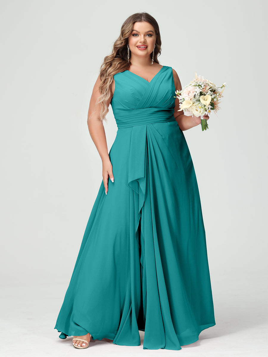 Vestidos Princesa/ Formato A com Decote Em V Sem Mangas Em Chiffon Babados Vestidos de Dama de Honra com Bolsos