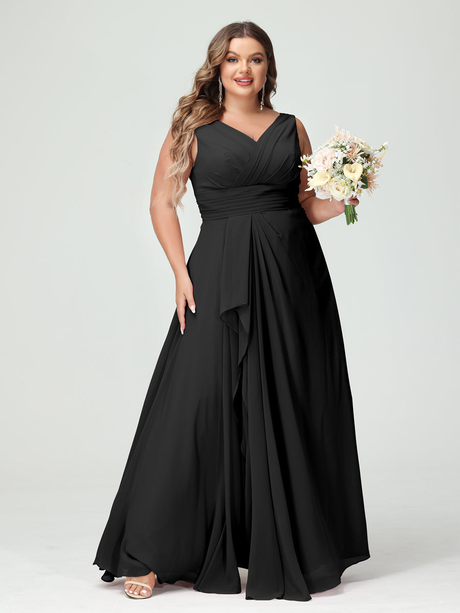 Vestidos Princesa/ Formato A com Decote Em V Sem Mangas Em Chiffon Babados Vestidos de Dama de Honra com Bolsos