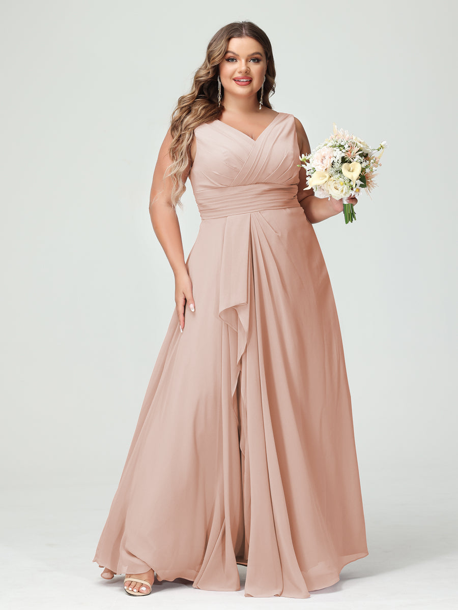 Vestidos Princesa/ Formato A com Decote Em V Sem Mangas Em Chiffon Babados Vestidos de Dama de Honra com Bolsos