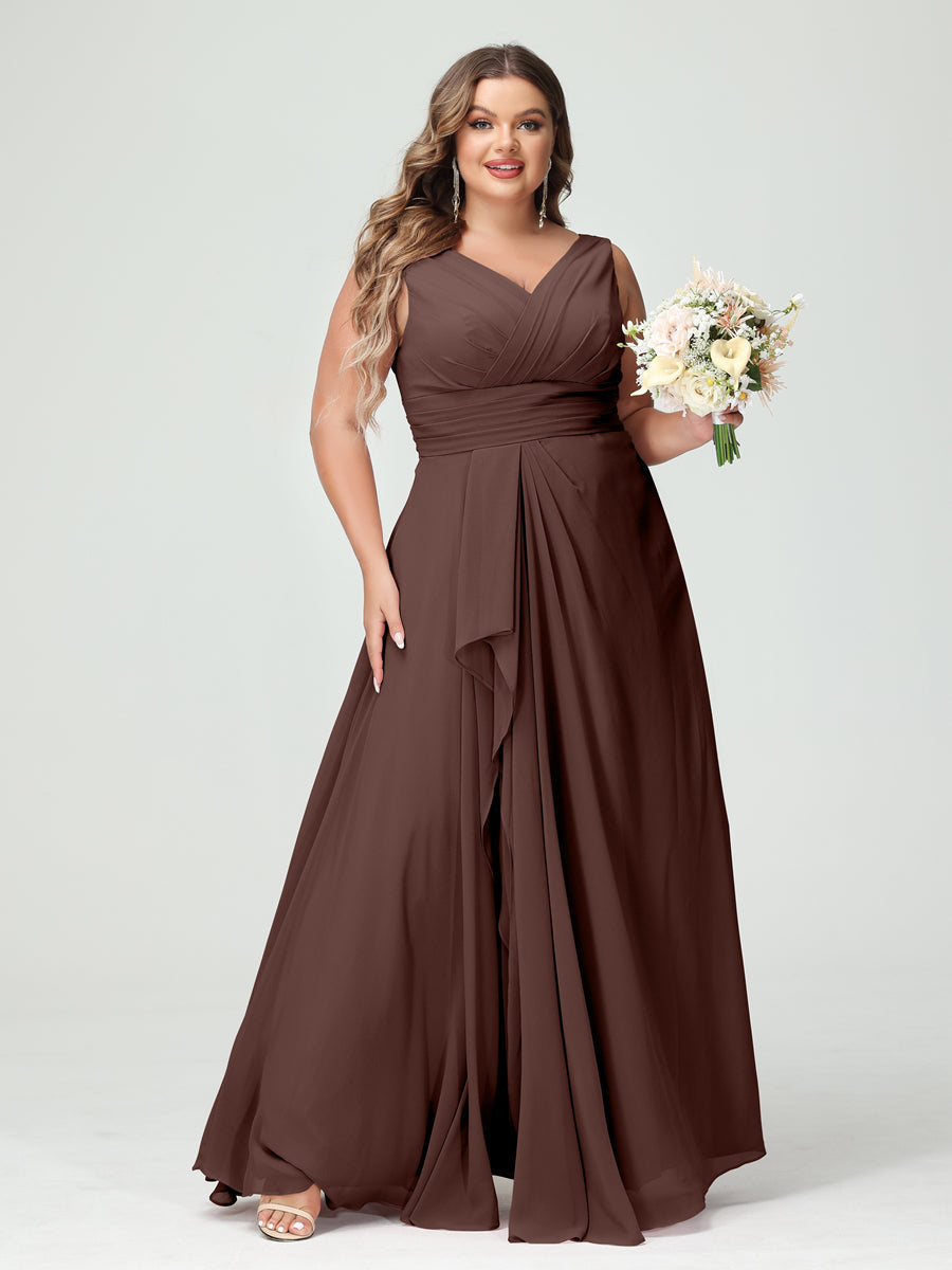 Vestidos Princesa/ Formato A com Decote Em V Sem Mangas Em Chiffon Babados Vestidos de Dama de Honra com Bolsos