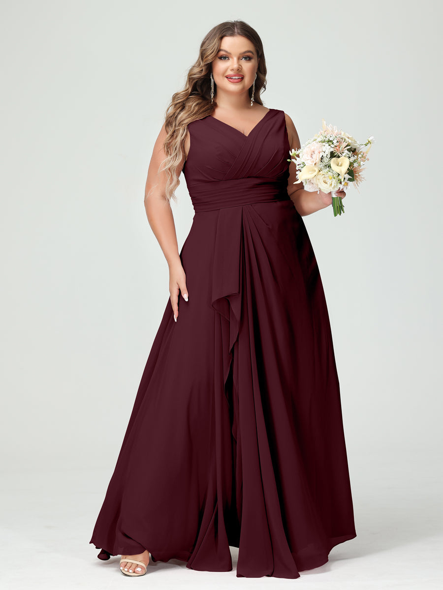 Vestidos Princesa/ Formato A com Decote Em V Sem Mangas Em Chiffon Babados Vestidos de Dama de Honra com Bolsos