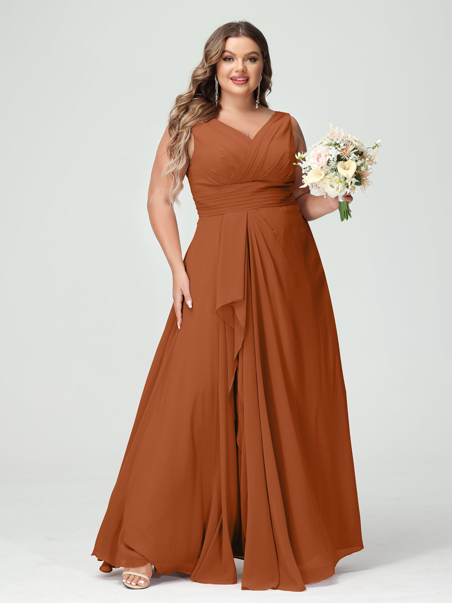 Vestidos Princesa/ Formato A com Decote Em V Sem Mangas Em Chiffon Babados Vestidos de Dama de Honra com Bolsos